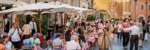 Rome, Italy, Jun 12 - A view of a typical restaurant in Portico D'Ottavia Jewish quarter. Located in the heart of Rome, this district was built during the imperial age between the Capitol Hill and the Tiber river. Currently it is among the areas of the city most visited and loved by tourists for its archaeological remains and for the presence of restaurants of Jewish and Roman cuisine.